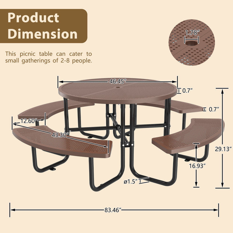 83 in. Round Outdoor Steel Picnic Table, 1-Piece with 4-Built-in Benches and Umbrella Hole