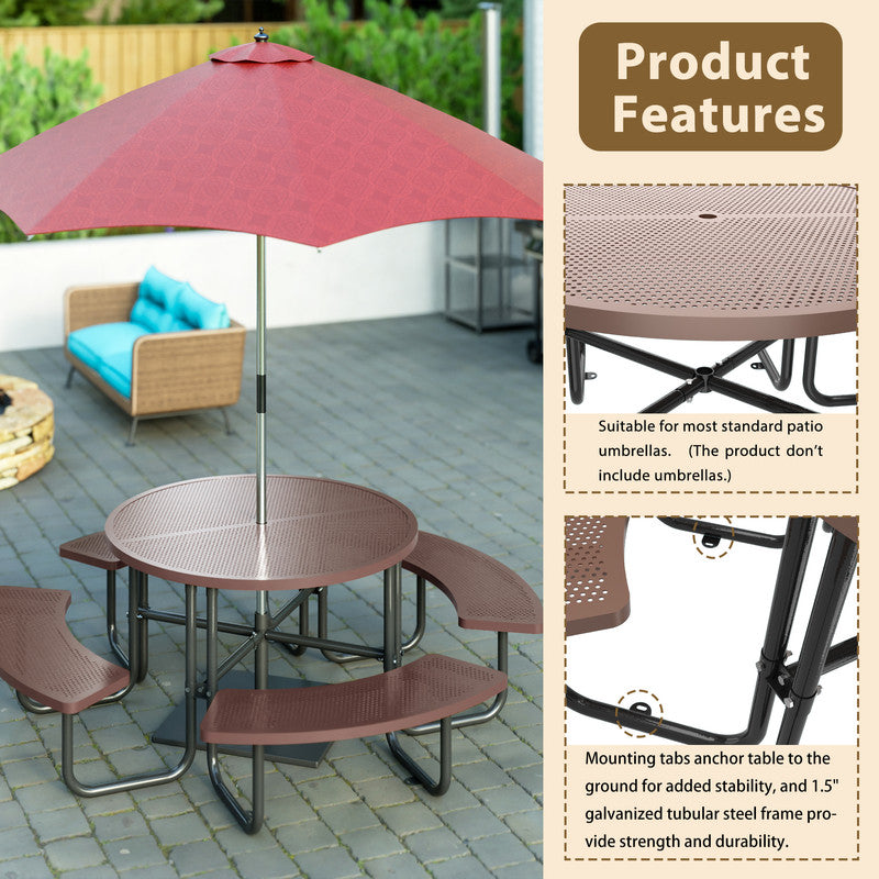 83 in. Round Outdoor Steel Picnic Table, 1-Piece with 4-Built-in Benches and Umbrella Hole