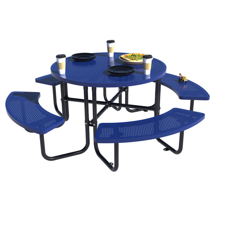83 in. Round Outdoor Steel Picnic Table, 1-Piece with 4-Built-in Benches and Umbrella Hole