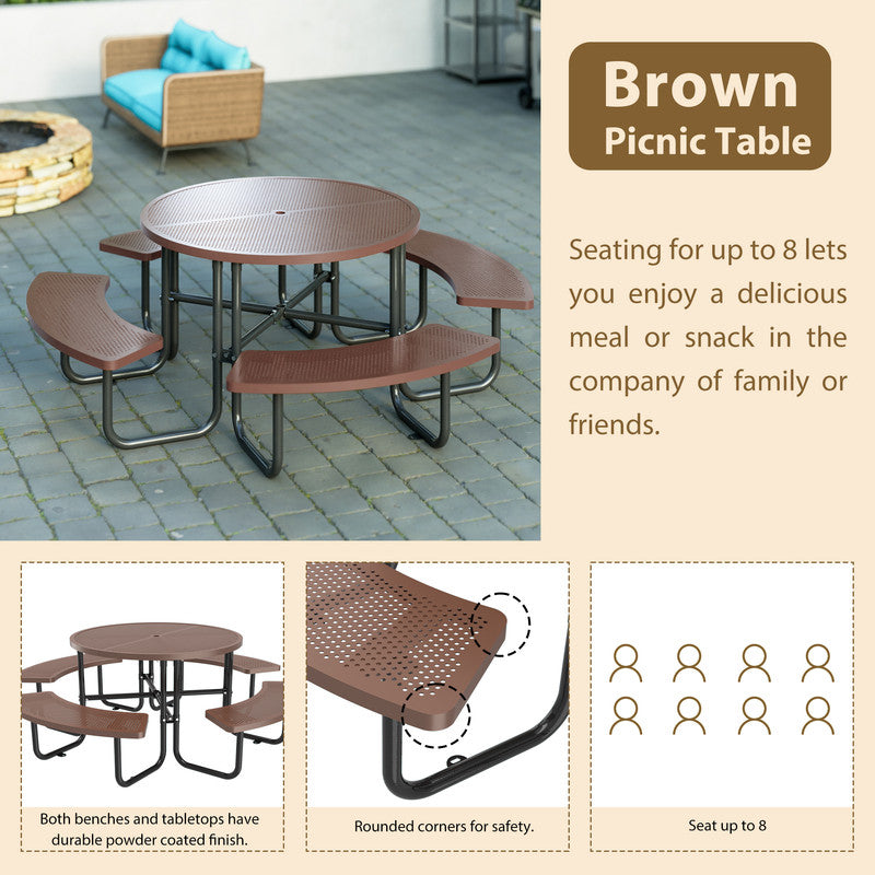 83 in. Round Outdoor Steel Picnic Table, 1-Piece with 4-Built-in Benches and Umbrella Hole