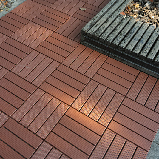 12 in. x 12 in. Plastic Interlocking Deck Tiles, 4-slat Outdoor Flooring Tile in Brown(44-Pack)