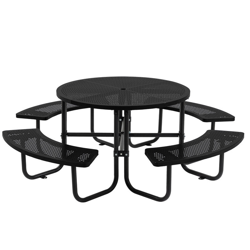 83 in. Round Outdoor Steel Picnic Table, 1-Piece with 4-Built-in Benches and Umbrella Hole