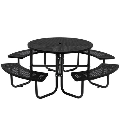 83 in. Round Outdoor Steel Picnic Table, 1-Piece with 4-Built-in Benches and Umbrella Hole