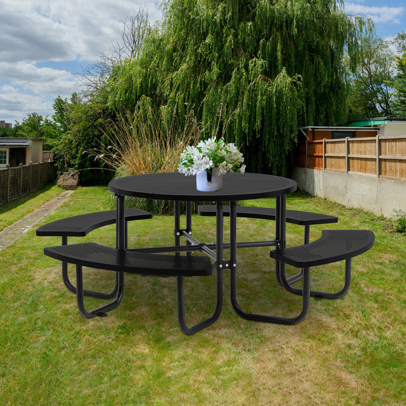 83 in. Round Outdoor Steel Picnic Table, 1-Piece with 4-Built-in Benches and Umbrella Hole