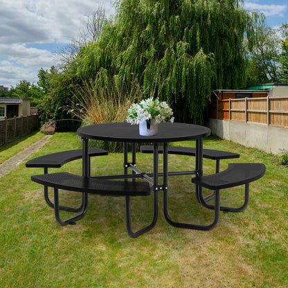 83 in. Round Outdoor Steel Picnic Table, 1-Piece with 4-Built-in Benches and Umbrella Hole