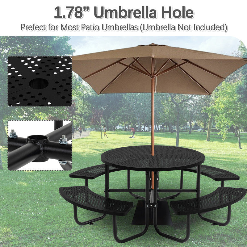 83 in. Round Outdoor Steel Picnic Table, 1-Piece with 4-Built-in Benches and Umbrella Hole