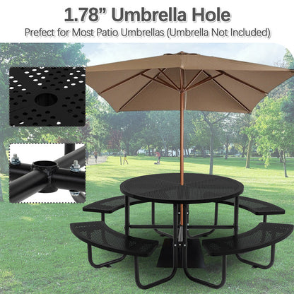 83 in. Round Outdoor Steel Picnic Table, 1-Piece with 4-Built-in Benches and Umbrella Hole