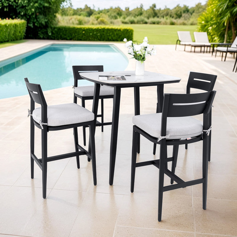 Barvallo 5-Piece Aluminum Rounded-Square 41.7 in. Outdoor Bistro Set with Sunbrella Silver Cushion and Umbrella Hole