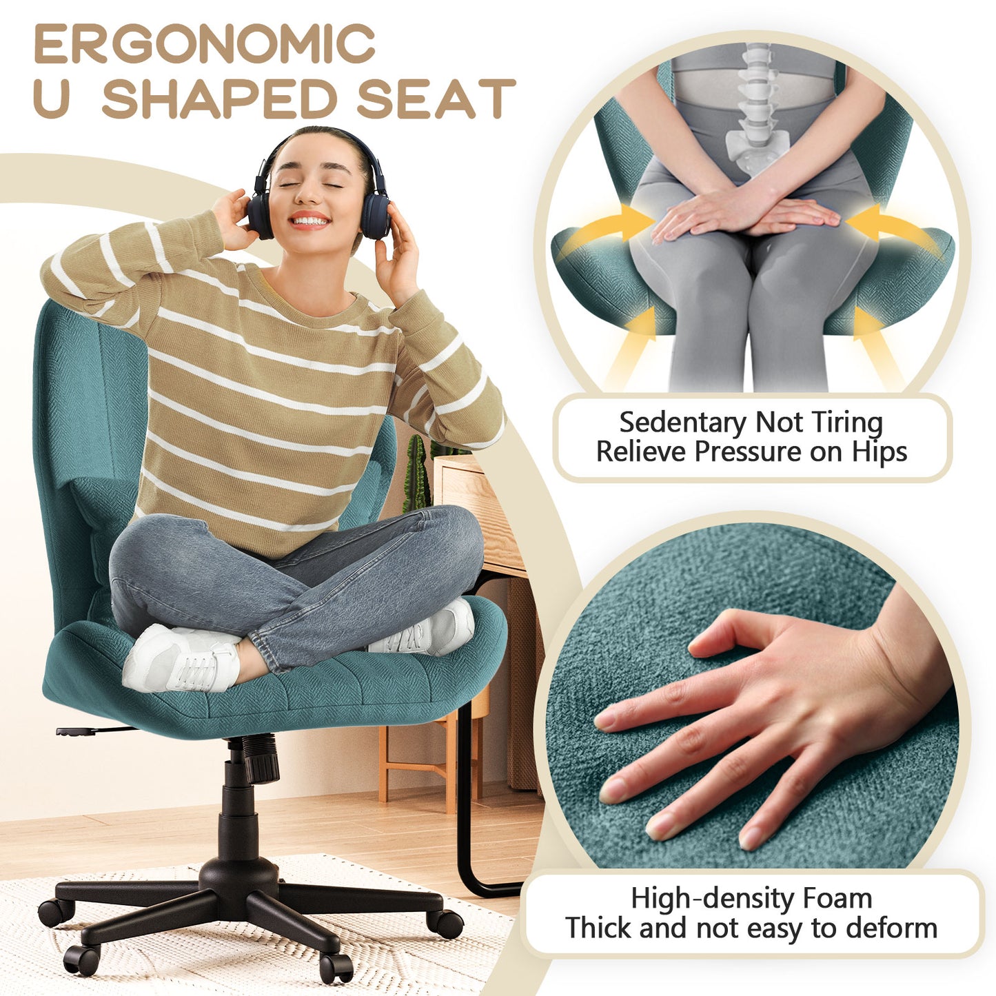 Criss Cross Office Chair with Wheels, Wide Armless Desk Chair with Tall Back, Ergonomic Cross-Legged Vanity Chair for Bedroom & Home Office