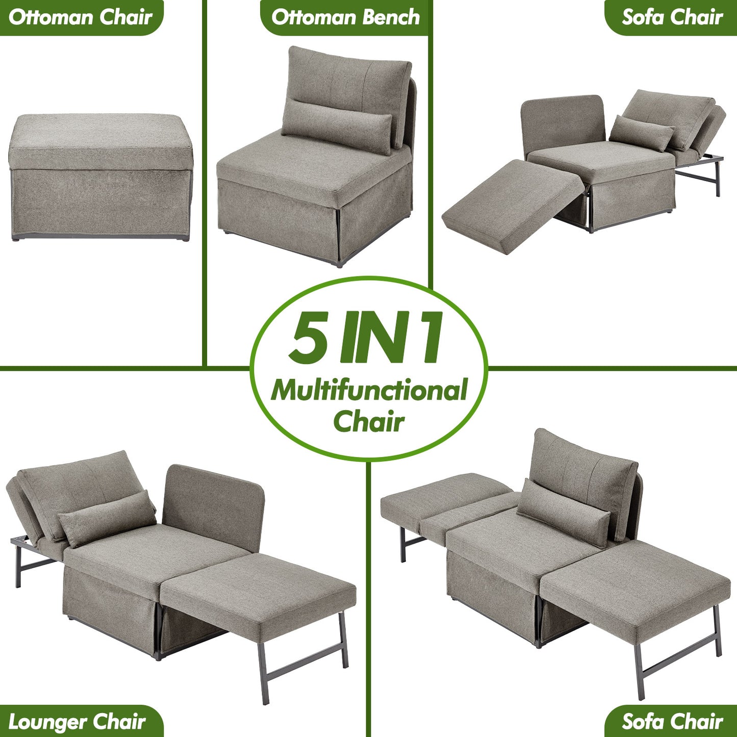 5-in-1 Convertible Sleeper Chair Bed, Assembly-Free Folding Sofa Chair with Adjustable Backrest, Linen Ottoman Sofa Bed for Apartment & Living Room
