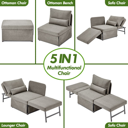 5-in-1 Convertible Sleeper Chair Bed, Assembly-Free Folding Sofa Chair with Adjustable Backrest, Linen Ottoman Sofa Bed for Apartment & Living Room