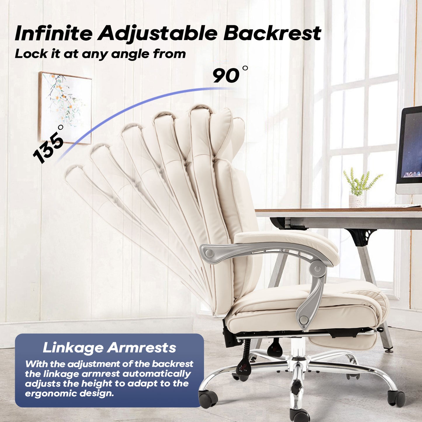 Executive Office Chair with Footrest, High-Back PU Leather Computer Chair, Adjustable Height & Recline, Ergonomic Desk Chair with Linked Armrests