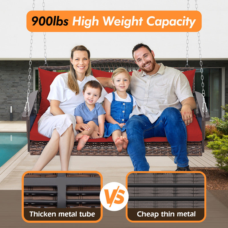 Upgraded Wicker Hanging Porch Swing Heavy Duty 900 LBS 3-Seat Outdoor Patio Swing Chair Bench for Adult w/ 8.9ft Hanging Chains Cushions and Cup Holder