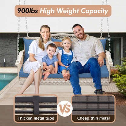 Upgraded Wicker Hanging Porch Swing Heavy Duty 900 LBS 3-Seat Outdoor Patio Swing Chair Bench for Adult w/ 8.9ft Hanging Chains Cushions and Cup Holder