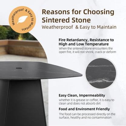 Cavallo 5-Piece Outdoor Pedestal Dining Set Rounded Square Sintered Stone Table & 4 Swivel Rockers W/ Sunbrella Cushions
