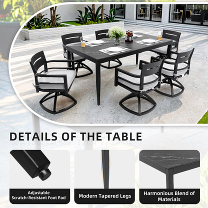 Cavallo 7-Piece Aluminum Outdoor Dining Set with Black Marble-Look Sintered Stone Tabletop and Sunbrella Cushions