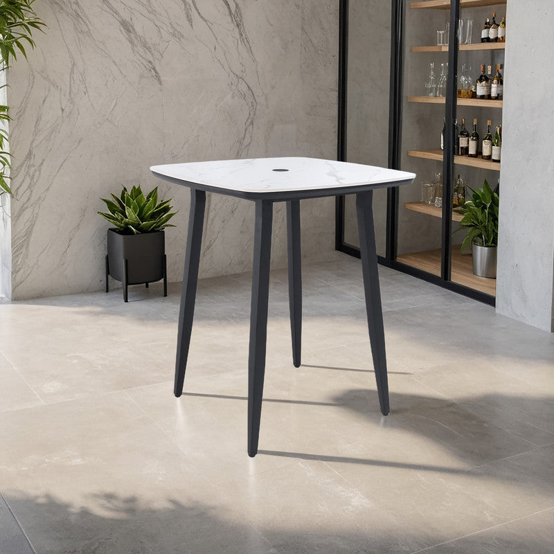 Barvallo Rounded-Square Aluminum Outdoor Bistro Table with Sintered Stone Tabletop and Umbrella Hole