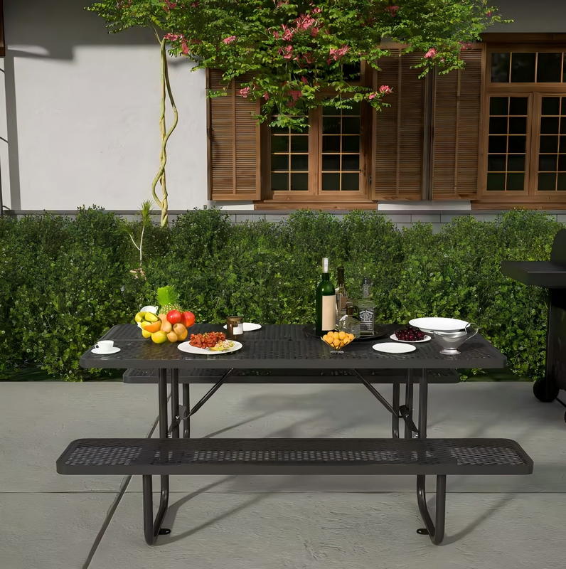 72.2 in. Rectangular Outdoor Steel Picnic Table with Umbrella Hole and 2 Built-in Benches