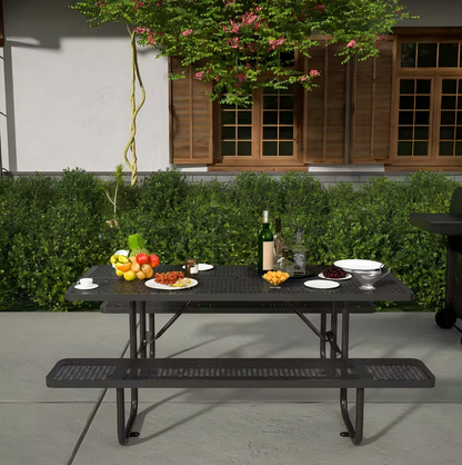 72.2 in. Rectangular Outdoor Steel Picnic Table with Umbrella Hole and 2 Built-in Benches