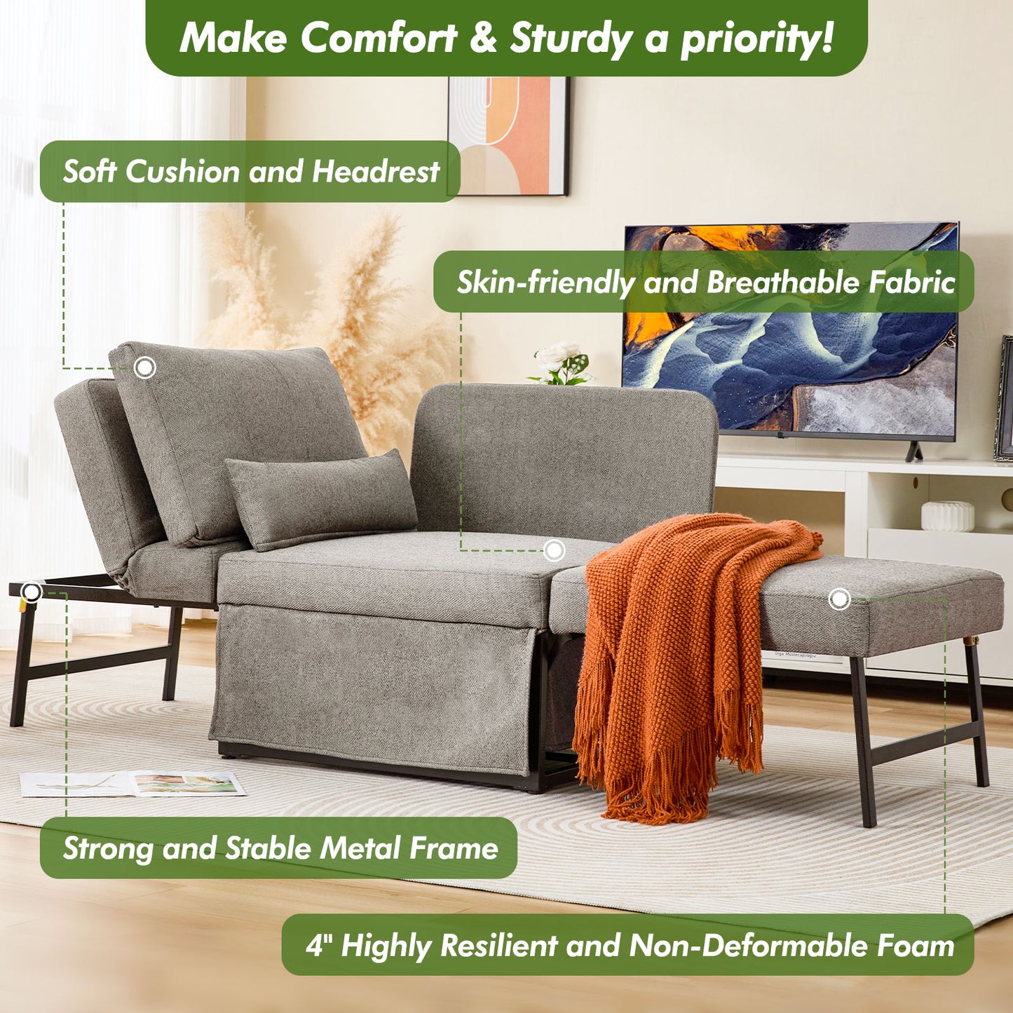 5-in-1 Convertible Sleeper Chair Bed, Assembly-Free Folding Sofa Chair with Adjustable Backrest, Linen Ottoman Sofa Bed for Apartment & Living Room