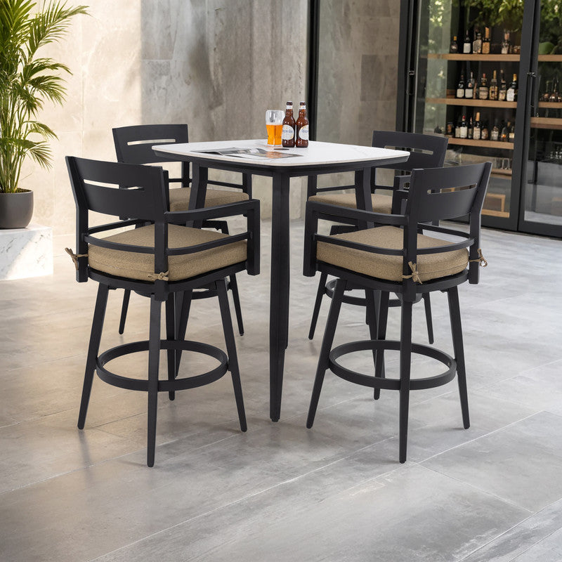 Barvallo 5-Piece Aluminum 41.7 in. Outdoor Bistro Set with Swivel Chairs and Sunbrella Silver Cushion and Umbrella Hole