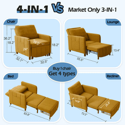 84" Extra-Long Sleeper Chair, 4-in-1 Convertible Pull-Out Chair Bed, Single Sofa Bed for Adults, Perfect for Living Rooms & Small Spaces