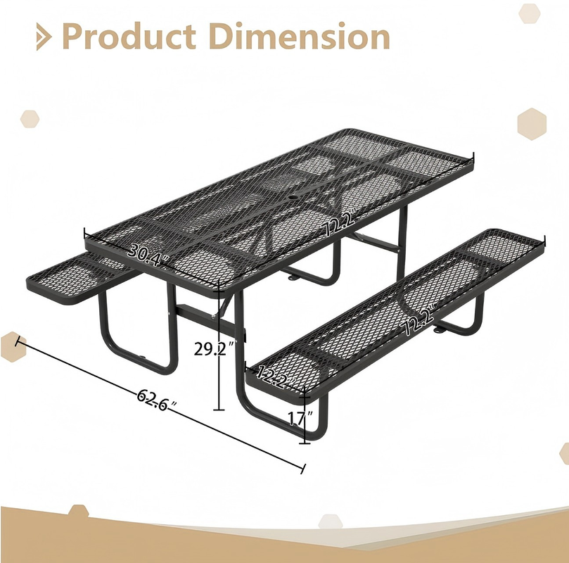 72.2 in. Rectangular Outdoor Steel Picnic Table with Umbrella Hole and 2 Built-in Benches