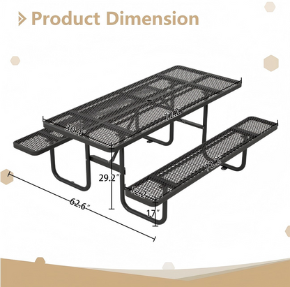 72.2 in. Rectangular Outdoor Steel Picnic Table with Umbrella Hole and 2 Built-in Benches