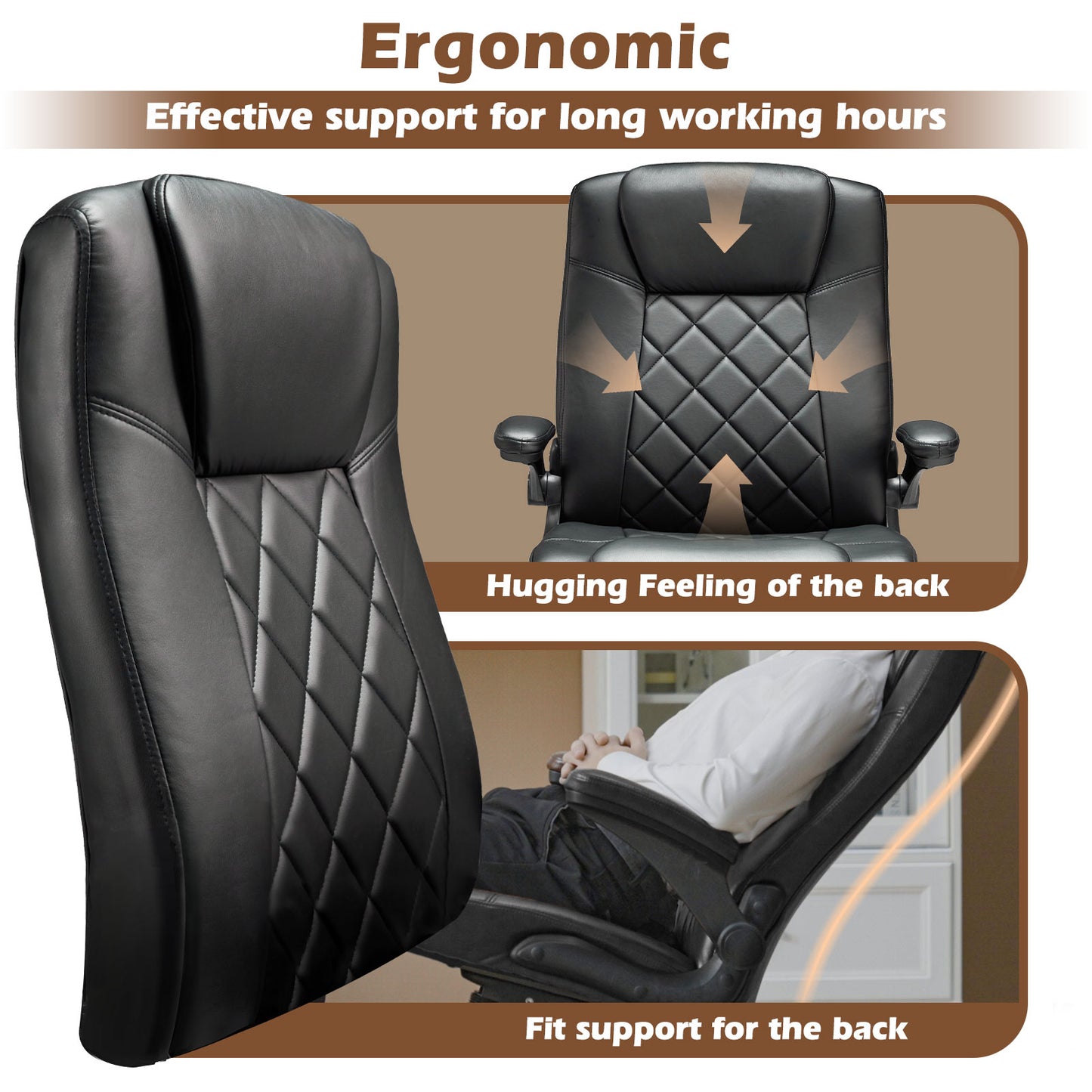 Ergonomic PU Leather Desk Chair with Lumbar Support, Adjustable Height