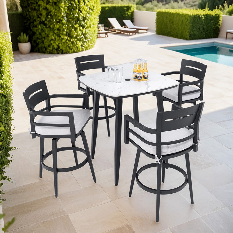 Barvallo 5-Piece Aluminum 41.7 in. Outdoor Bistro Set with Swivel Chairs and Sunbrella Silver Cushion and Umbrella Hole