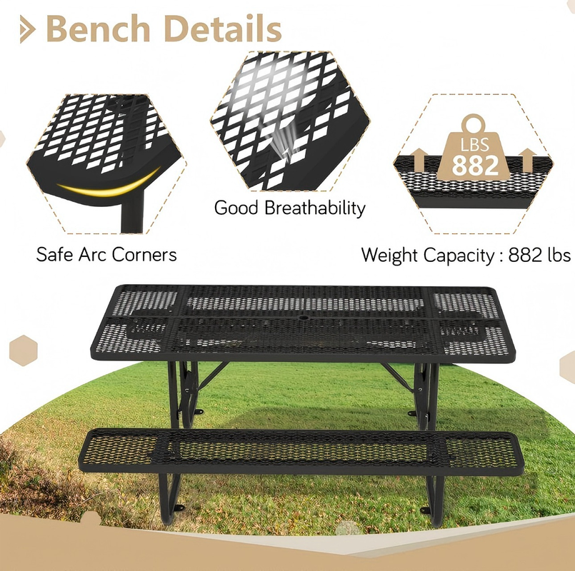 72.2 in. Rectangular Outdoor Steel Picnic Table with Umbrella Hole and 2 Built-in Benches