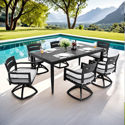Cavallo 7-Piece Aluminum Outdoor Dining Set with Black Marble-Look Sintered Stone Tabletop and Sunbrella Cushions