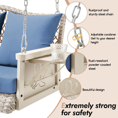 Upgraded Wicker Hanging Porch Swing Heavy Duty 900 LBS 3-Seat Outdoor Patio Swing Chair Bench for Adult w/ 8.9ft Hanging Chains Cushions and Cup Holder