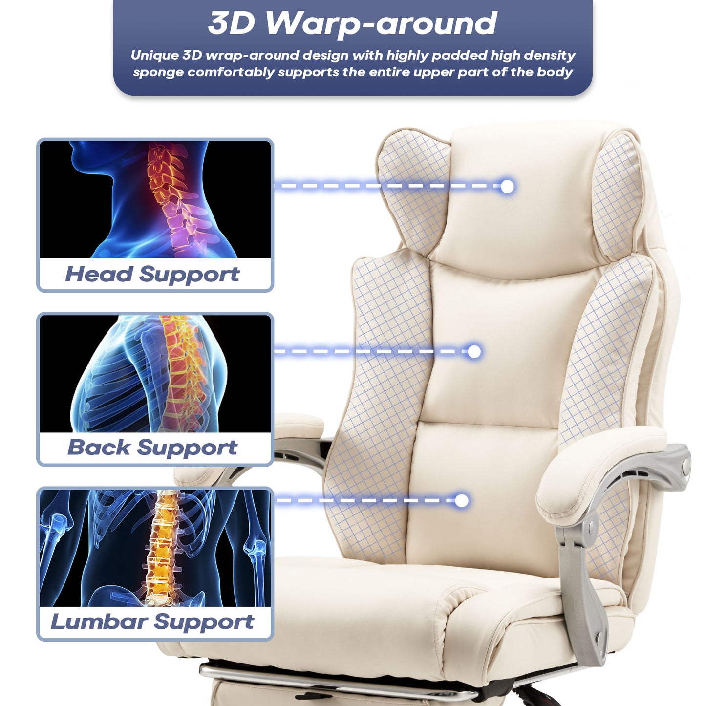 Executive Office Chair with Footrest, High-Back PU Leather Computer Chair, Adjustable Height & Recline, Ergonomic Desk Chair with Linked Armrests
