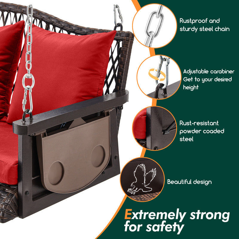 Upgraded Wicker Hanging Porch Swing Heavy Duty 900 LBS 3-Seat Outdoor Patio Swing Chair Bench for Adult w/ 8.9ft Hanging Chains Cushions and Cup Holder