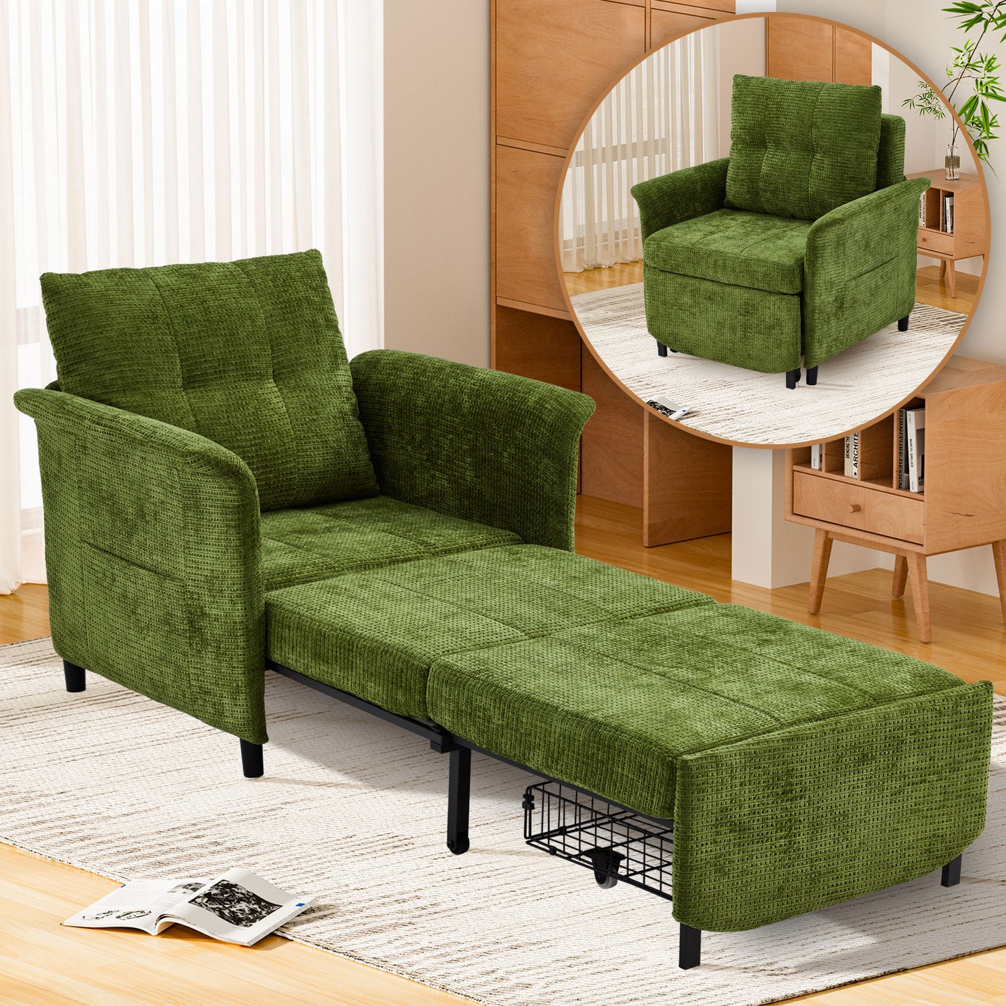 4-in-1 Convertible Sleeper Chair, 79" Pull-Out Chair Bed with Adjustable Backrest, 500 lb Capacity Single Sofa Bed with Pillow for Living Room & Small Spaces