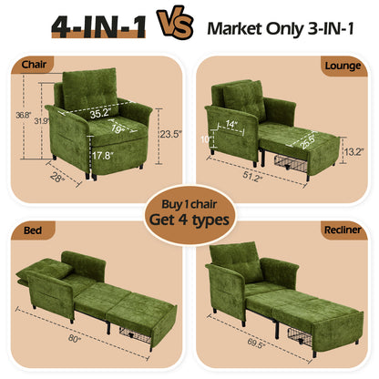 4-in-1 Convertible Sleeper Chair, 79" Pull-Out Chair Bed with Adjustable Backrest, 500 lb Capacity Single Sofa Bed with Pillow for Living Room & Small Spaces