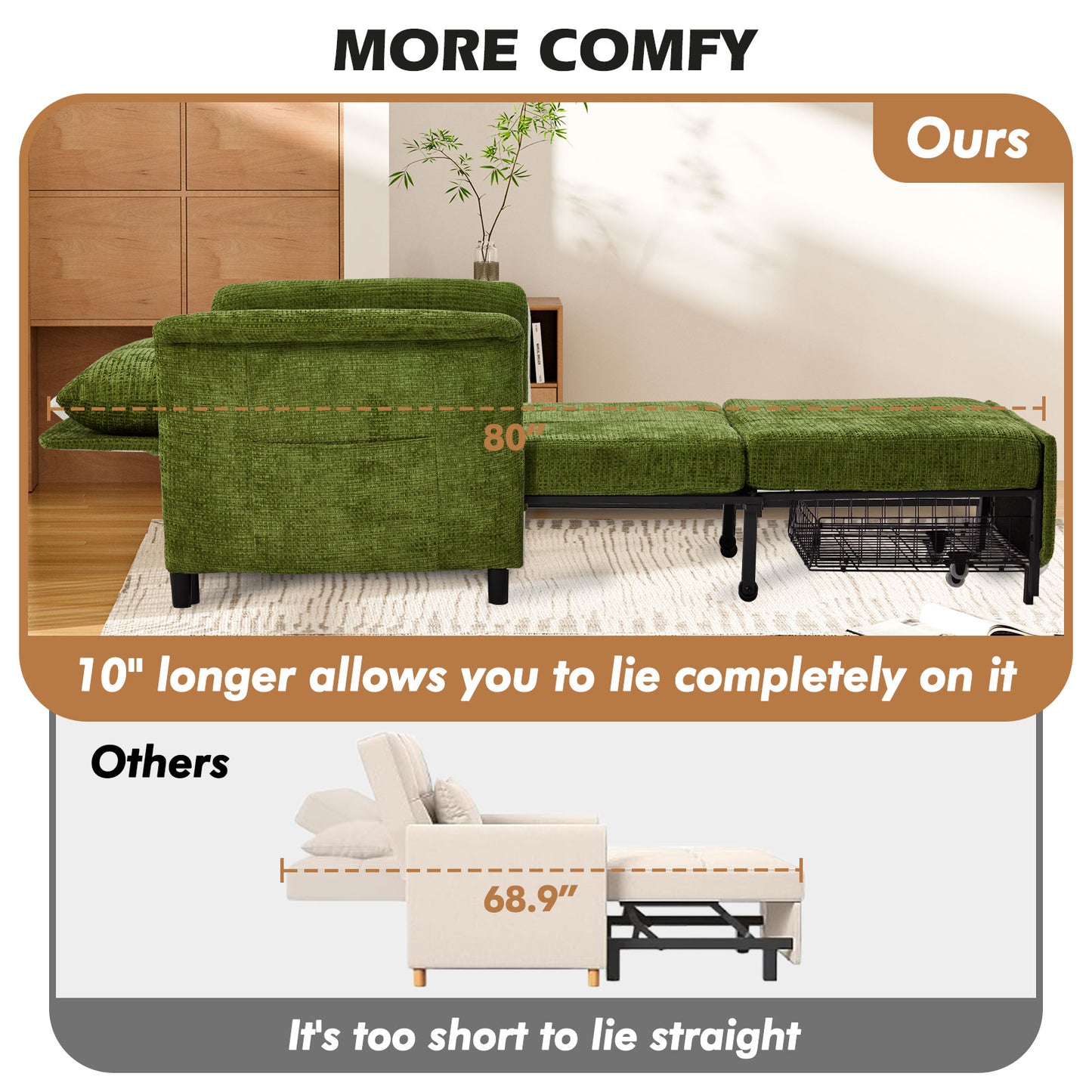 4-in-1 Convertible Sleeper Chair, 79" Pull-Out Chair Bed with Adjustable Backrest, 500 lb Capacity Single Sofa Bed with Pillow for Living Room & Small Spaces