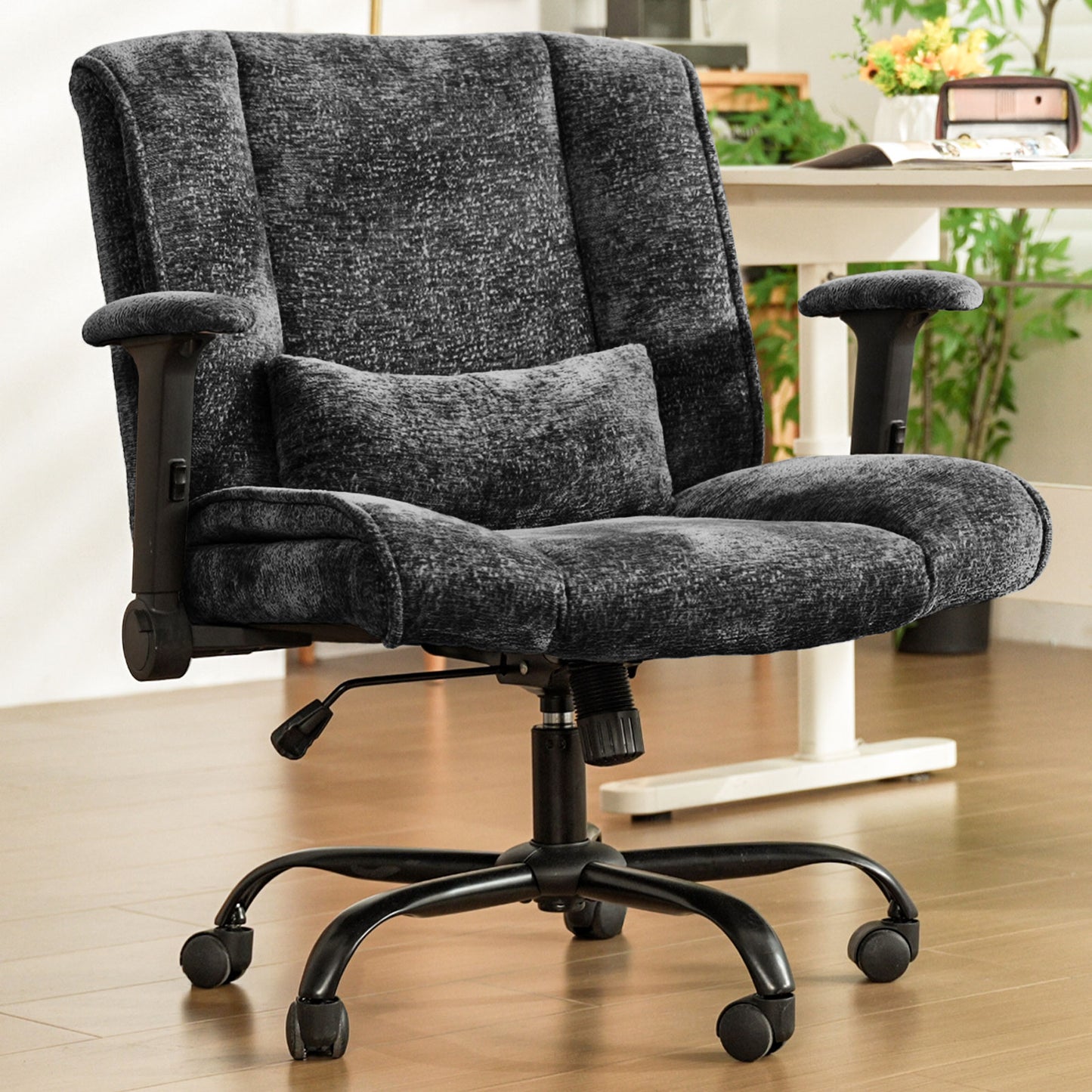 Criss Cross Office Chair with Wheels & Flip-Up Arms, Wide Cross-Legged Desk Chair with Lumbar Support & Adjustable Tilt for Home Office & Bedroom