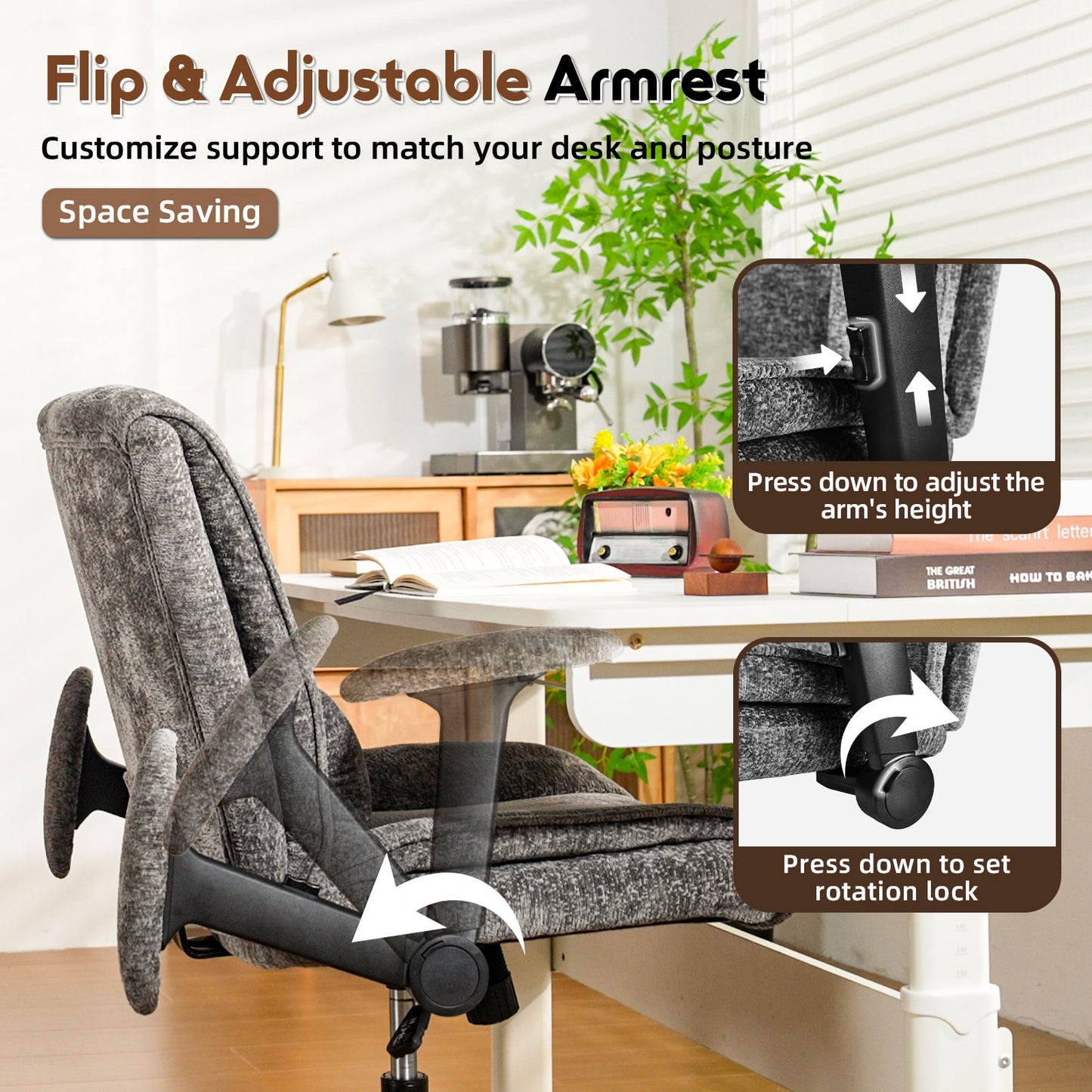 Criss Cross Office Chair with Wheels & Flip-Up Arms, Wide Cross-Legged Desk Chair with Lumbar Support & Adjustable Tilt for Home Office & Bedroom