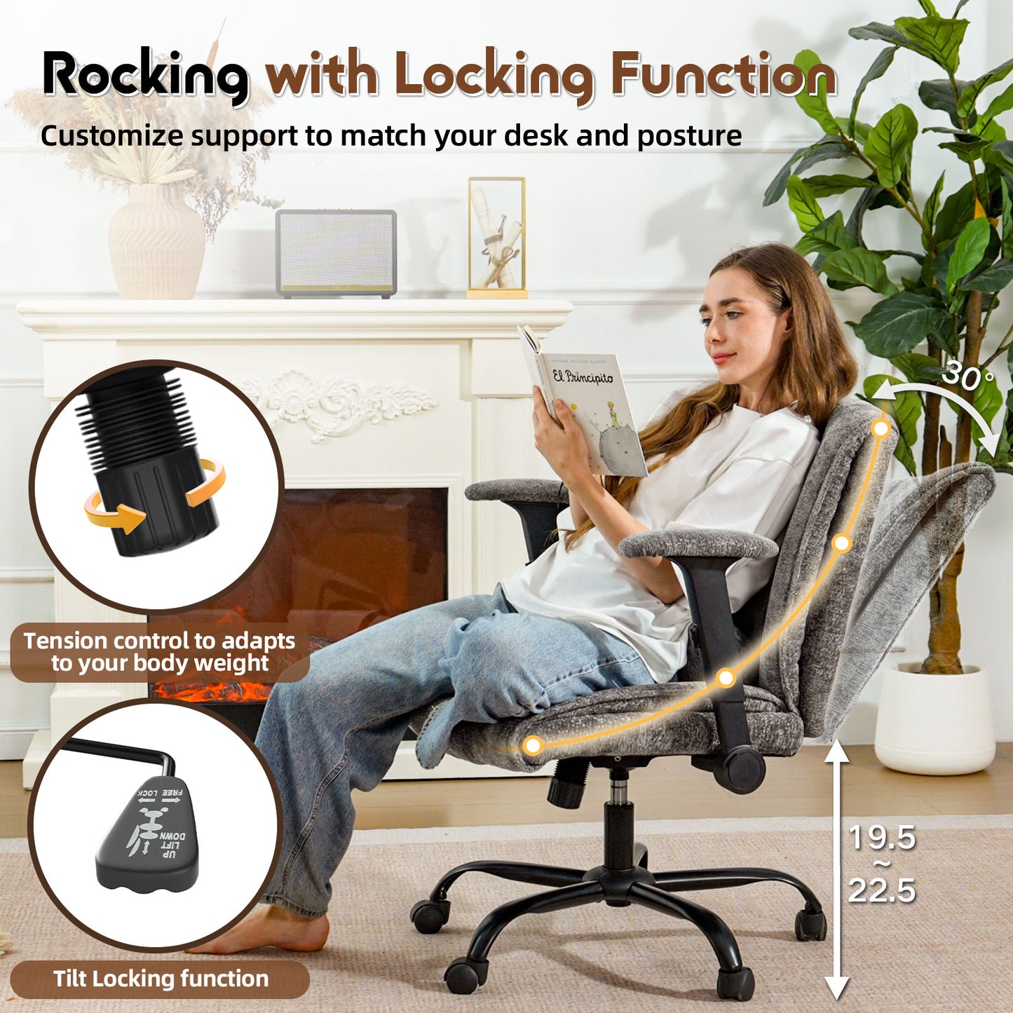 Criss Cross Office Chair with Wheels & Flip-Up Arms, Wide Cross-Legged Desk Chair with Lumbar Support & Adjustable Tilt for Home Office & Bedroom