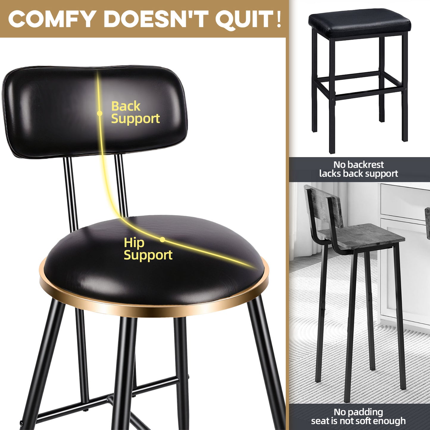 Bar Stools Set of 2, 26" Counter Height Upholstered Bar Chairs with Back for Kitchen Island & Home Bar