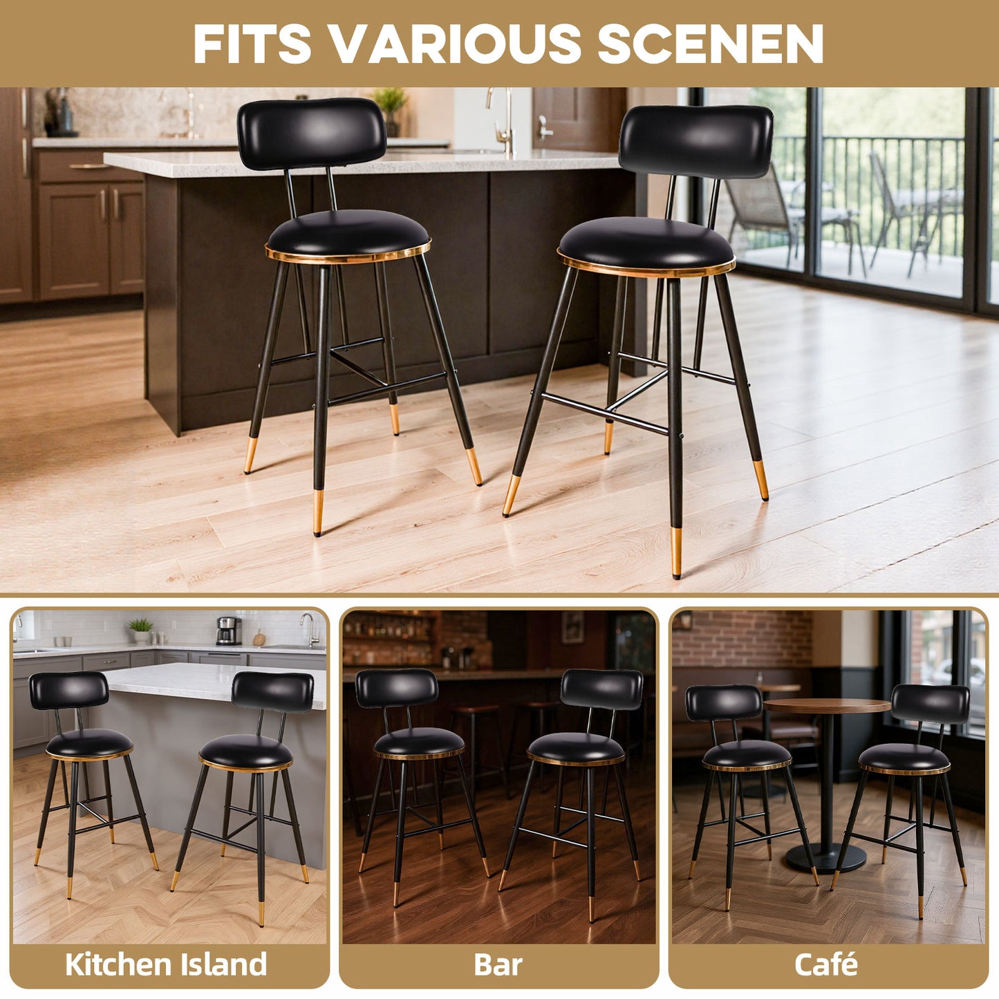 Bar Stools Set of 2, 26" Counter Height Upholstered Bar Chairs with Back for Kitchen Island & Home Bar