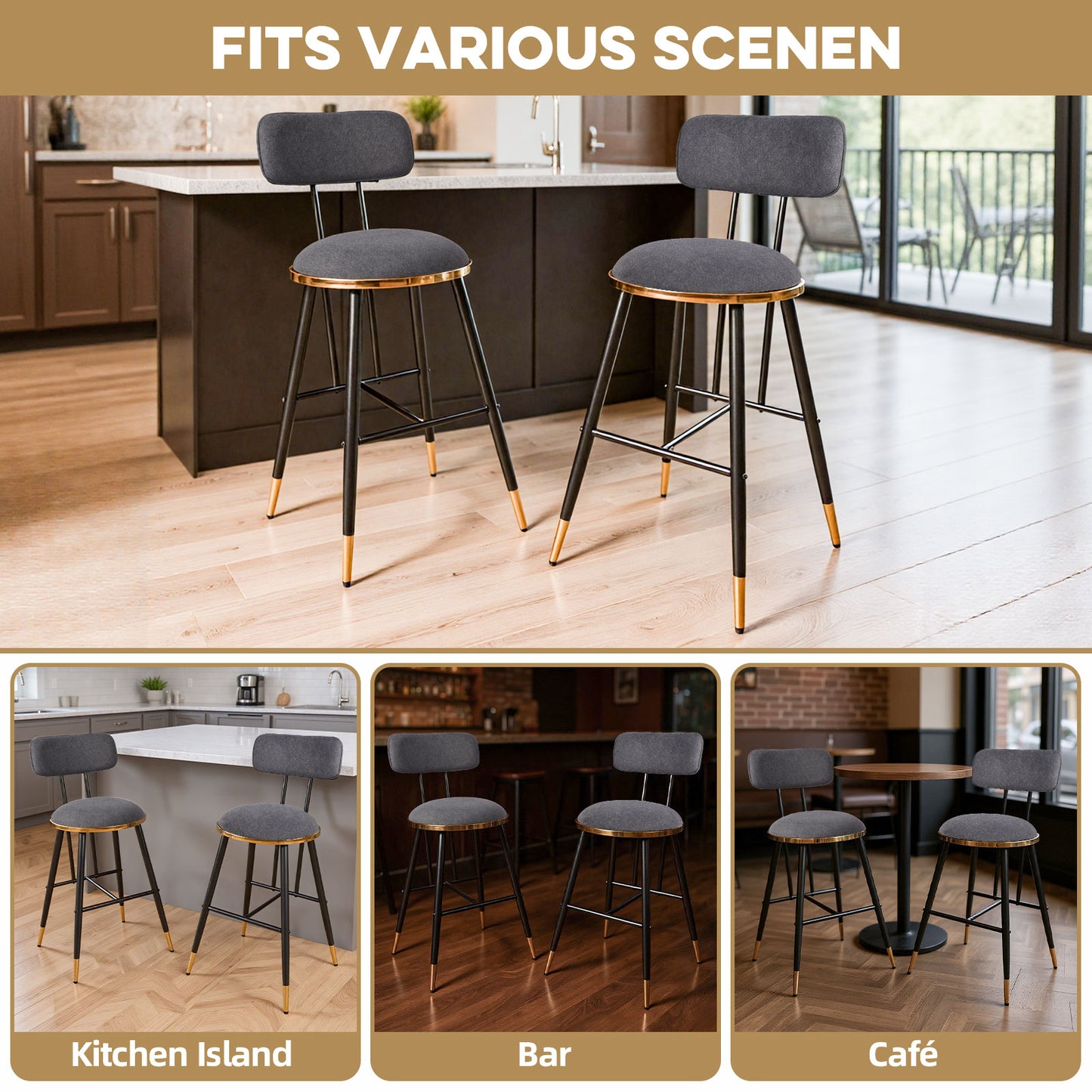 Bar Stools Set of 3, 26" Counter Height Upholstered Bar Chairs with Back for Kitchen Island & Home Bar (Copy)