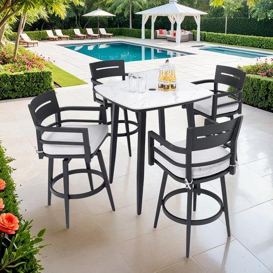 Barvallo 5-Piece Aluminum 41.7 in. Outdoor Bistro Set with Swivel Chairs and Sunbrella Silver Cushion and Umbrella Hole