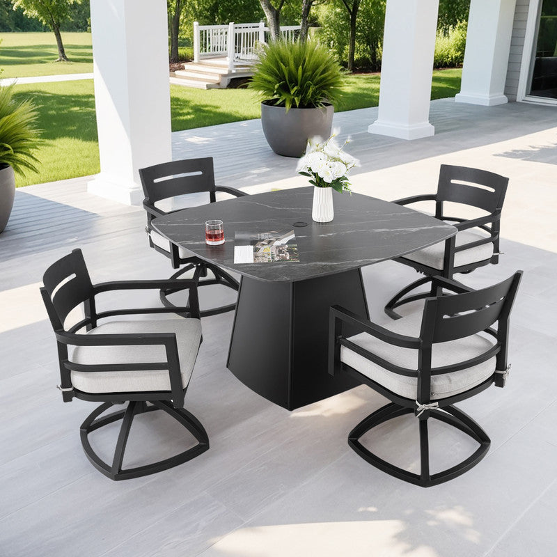 Cavallo 5-Piece Outdoor Pedestal Dining Set Rounded Square Sintered Stone Table & 4 Swivel Rockers W/ Sunbrella Cushions