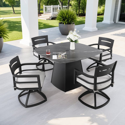 Cavallo 5-Piece Outdoor Pedestal Dining Set Rounded Square Sintered Stone Table & 4 Swivel Rockers W/ Sunbrella Cushions