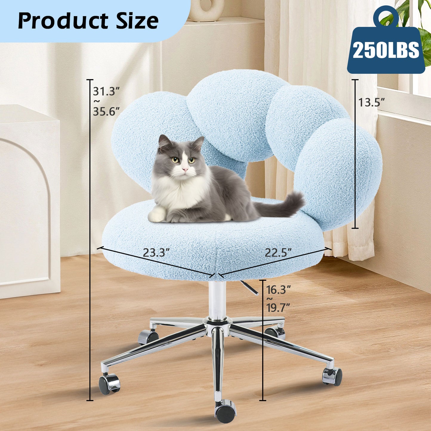 Armless Desk Chair, Teddy Fabric Vanity Chair with Wheels & Adjustable Height, Cute Cross-Legged Office Chair for Bedroom, Living Room & Dressing Room
