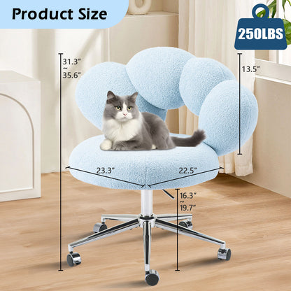 Armless Desk Chair, Teddy Fabric Vanity Chair with Wheels & Adjustable Height, Cute Cross-Legged Office Chair for Bedroom, Living Room & Dressing Room