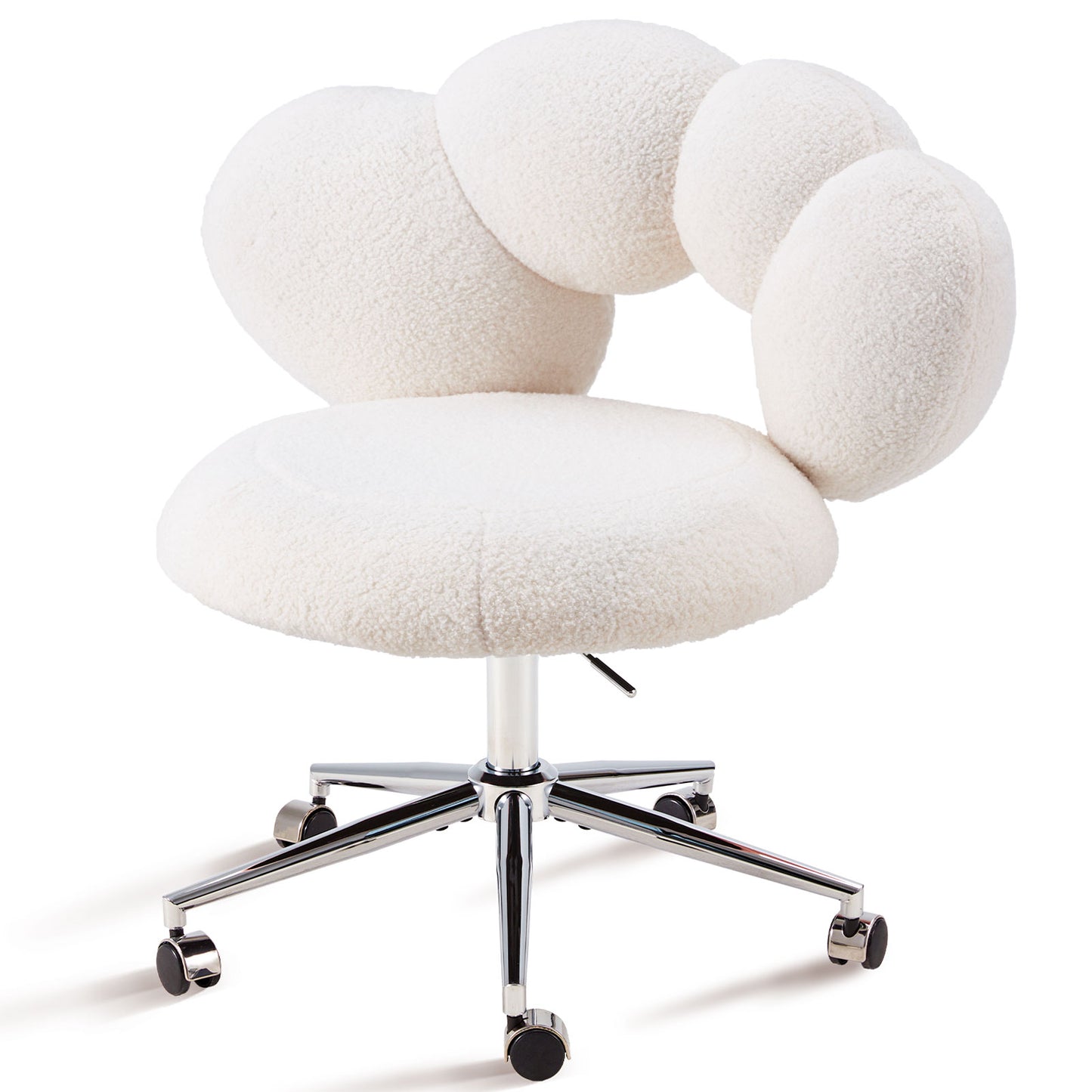Armless Desk Chair, Teddy Fabric Vanity Chair with Wheels & Adjustable Height, Cute Cross-Legged Office Chair for Bedroom, Living Room & Dressing Room